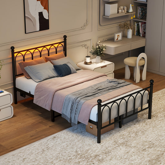Bedframe – Bedombouw – Bedonderstel – Bedbasis – Stalen Bedframe – 120x200 cm – Vintage Hoofdbord – Zwarte Stalen Steunbalken – Geen Boxspring Nodig