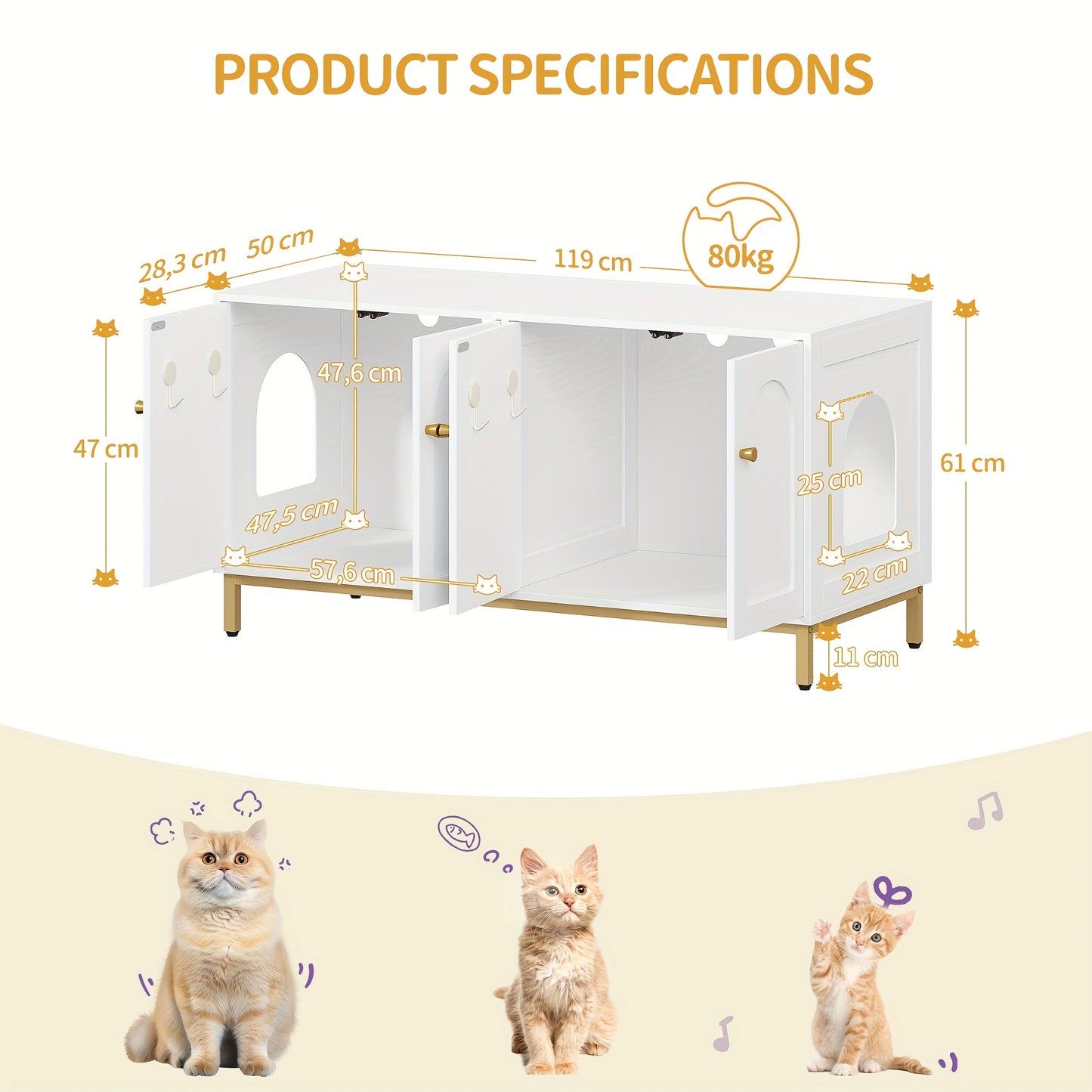 Kattenkast – Kattenmeubel – Kattenbakmeubel – Kattenhuis – Kattenbench – Voor 2 Katten – Verborgen Kattenbak – Wit Goud – Hout – Geschikt Voor Meeste Kattenbakken – 119 cm