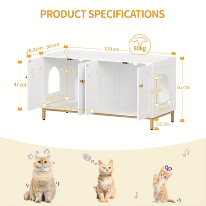 Kattenkast – Kattenmeubel – Kattenbakmeubel – Kattenhuis – Kattenbench – Voor 2 Katten – Verborgen Kattenbak – Wit Goud – Hout – Geschikt Voor Meeste Kattenbakken – 119 cm