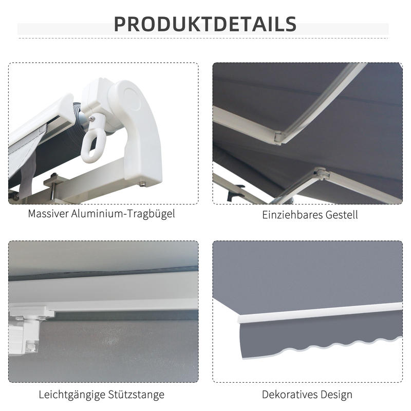 Articulated arm awning Adjustable clamp awning Patio awning 3.95 x 3m sun protection with crank, balcony awning, grey