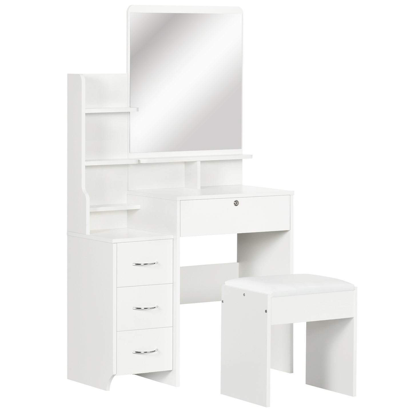 Make-up Tafel – Kaptafel – Schminktafel – Make-up Spiegel – Sieradenkast – Grote Spiegel – 4 Lades – Gevuld Met Planken – Padded Kruk – Wit