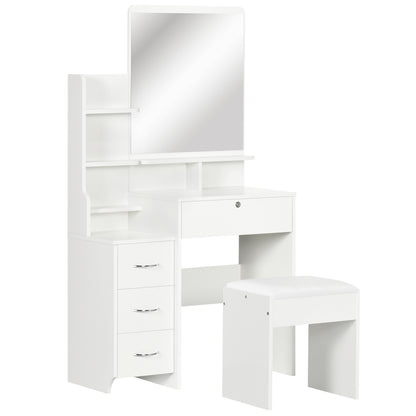 Make-up Tafel – Kaptafel – Schminktafel – Make-up Spiegel – Sieradenkast – Grote Spiegel – 4 Lades – Gevuld Met Planken – Padded Kruk – Wit