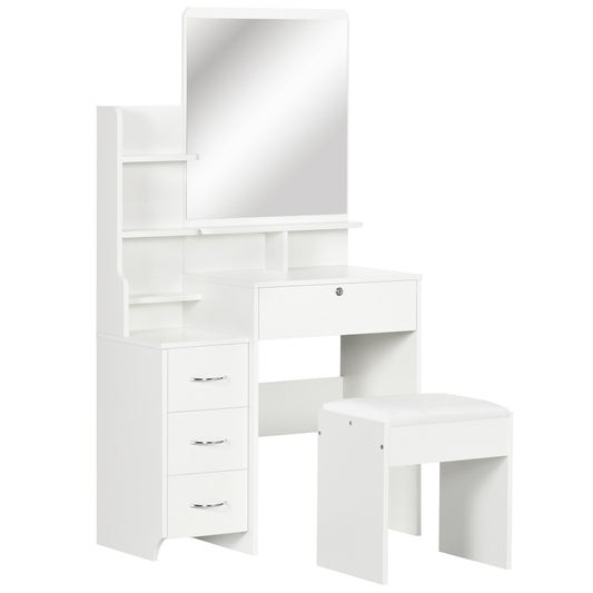 Make-up Tafel – Kaptafel – Schminktafel – Make-up Spiegel – Sieradenkast – Grote Spiegel – 4 Lades – Gevuld Met Planken – Padded Kruk – Wit