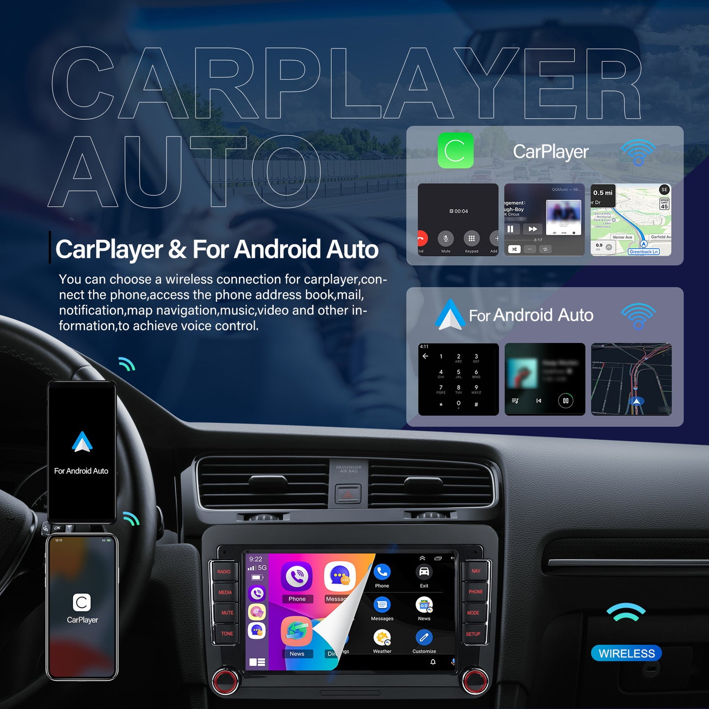 [2G+64G] Android 15 7" Touchscreen  Radio for Volkswagen,, Caddy T5, Tiguan Transporter, Golf MK5, MK6 Beetle, Skoda Octavia Seat with Wireless CarPlay, Android Auto, GPS, FM and RDS