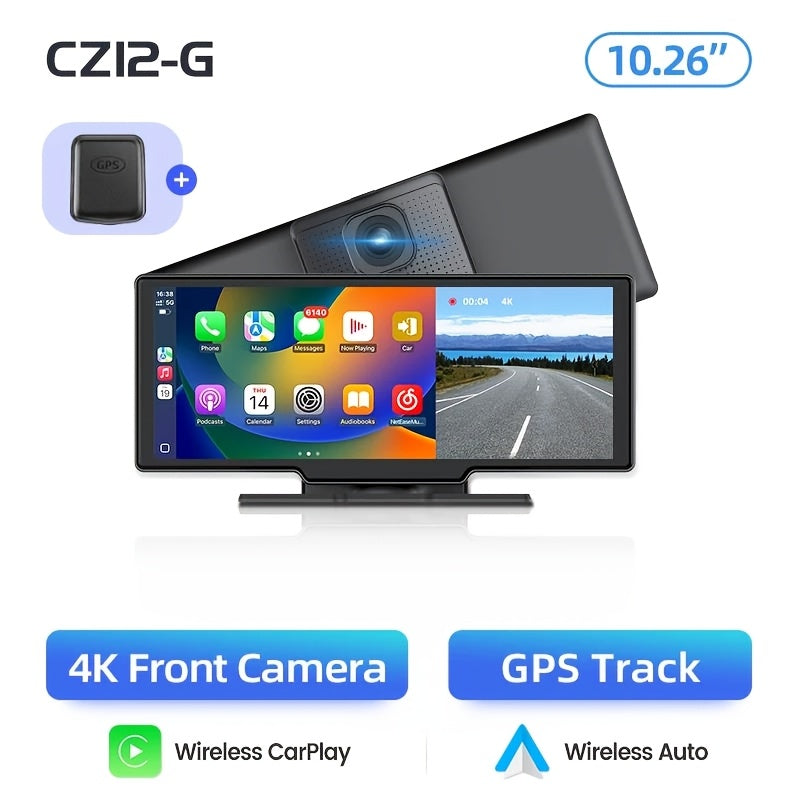 Dashcam Auto – Dashboardcamera – Beeldrecorder – Videocamera – 10,26” Touchscreen – Draadloos CarPlay & Android Auto – 4K UHD Dual Camera – Ingebouwde GPS & Nachtzicht