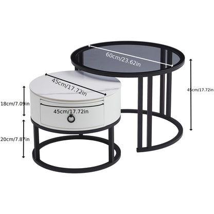 Salontafelset – Salontafels – Bijzettafels – Nesting Tafels – Woonkamertafelset – Glas en keramiek marmerlook – Met leren lade – 60 & 45 cm – Zwart Wit – Modern design – Duurzaam materiaal