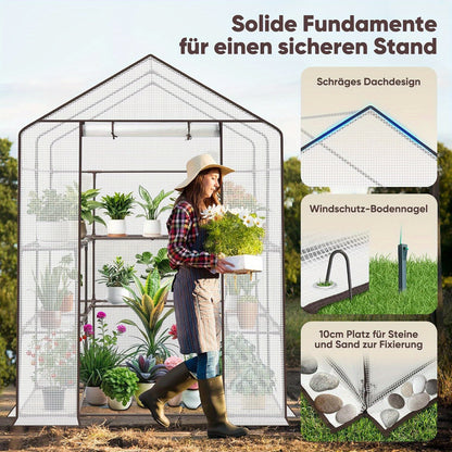 Meerlaagse Kas – Standaard Kas – Plantenkas – Balkon Kas – Tuinkas – Roestvrij Staal Frame – 10 Verstelbare Planken – Ademend PE-Materiaal – Ventilatieopeningen – 145x145x200 cm – Witte Variant