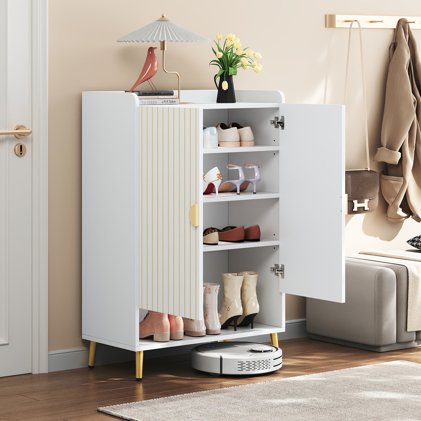 Schoenenkast – Schoenenrek – Schoenenopberger – Schoenenkast – Opbergkast – Wit Metaal – 3 Niveaus Met Dubbele Deuren – Ruimtebesparend 75x35x110 cm