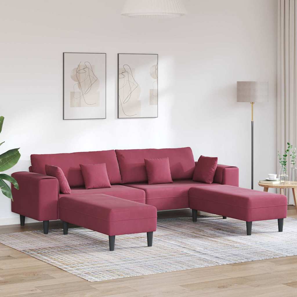 Bankstel – Bank – Hoekbank – Tweezitsbank – Velvet Sofa – Wijnrood – Inclusief Ottomaan – Stevig Houten Frame