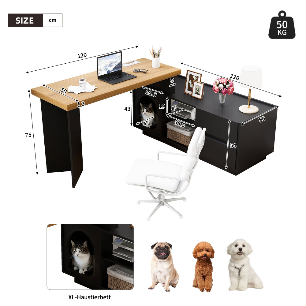 Hoekbureau – Bureau – L-vormig Bureau – Bureau Met Lade – Computerbureau – Zwart – XL Huisdierhuisje – Ruimtebesparend Ontwerp – Flexibele Montage