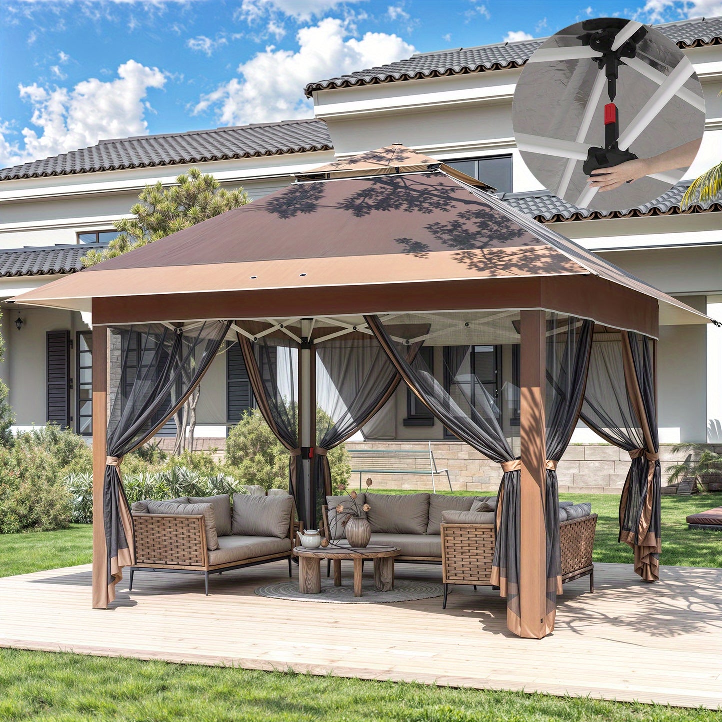 Paviljoen – Tuinpaviljoen – Partytent – Pergola – Prieel – Verstelbare Hoogte – Met Muskietennet – 3,28x3,28 m – Aluminium Frame – Opvouwbaar Met Draagtas Op Wieltjes - Bruin