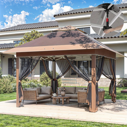 Paviljoen – Tuinpaviljoen – Partytent – Pergola – Prieel – Verstelbare Hoogte – Met Muskietennet – 3,28x3,28 m – Aluminium Frame – Opvouwbaar Met Draagtas Op Wieltjes - Bruin