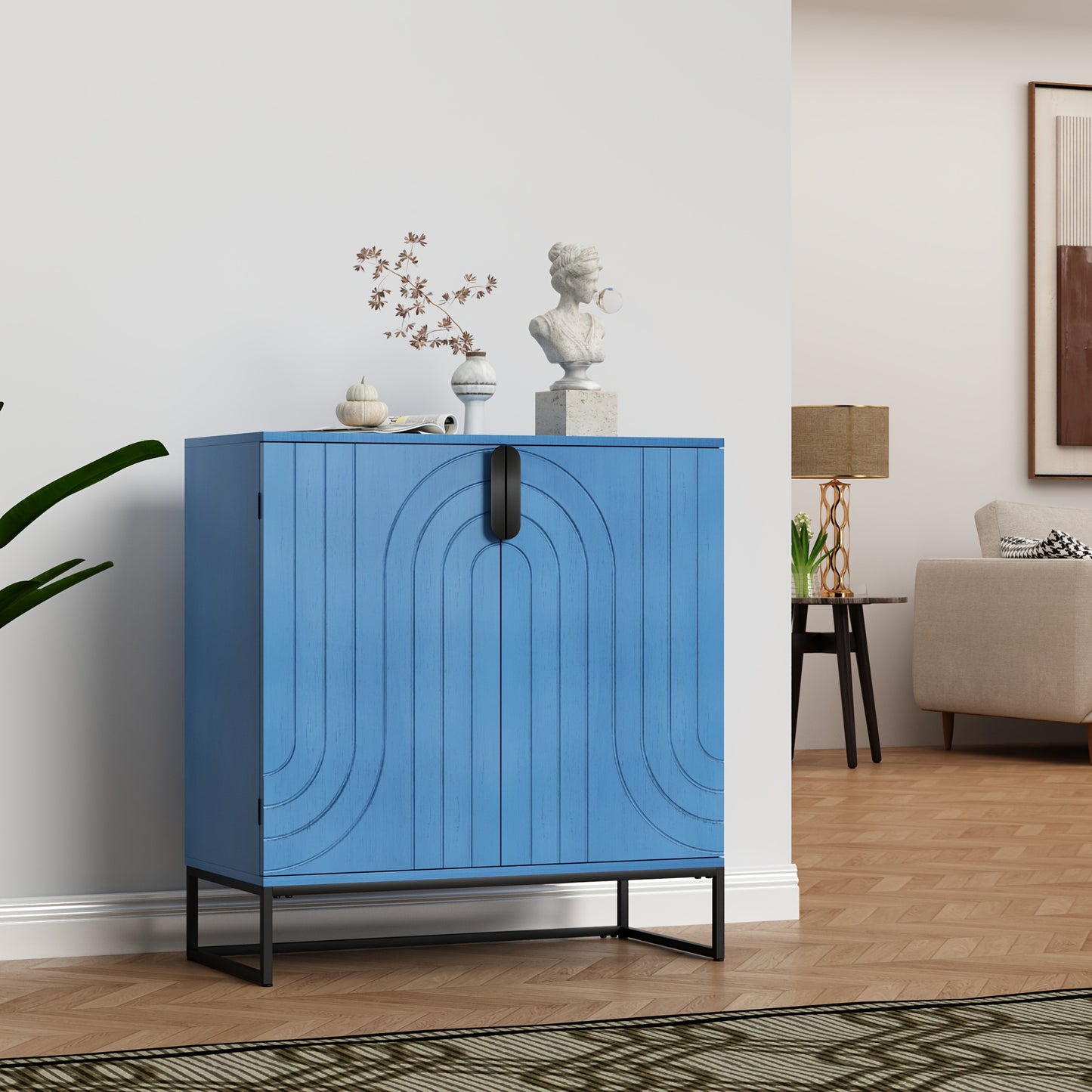 Dressoir – Ladekast – Opbergkast – Buffetkast – Kast – Modern – Hoogwaardig Hout – Gouden Metalen Poten – 2 Deuren – 3,2+ Kubieke Voet Opbergruimte – Zwart Turquoise