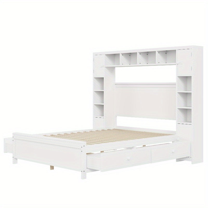 Bedframe – Tweepersoonsbed – Opbergbed – Ladebed – Slaapbank – Moderne Witte Kleur – 4 Lades & Kast – Lattenbodem 3,56x5,08 m – Ruimtebesparend Ontwerp
