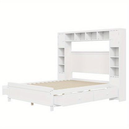 Bedframe – Tweepersoonsbed – Opbergbed – Ladebed – Slaapbank – Moderne Witte Kleur – 4 Lades & Kast – Lattenbodem 3,56x5,08 m – Ruimtebesparend Ontwerp