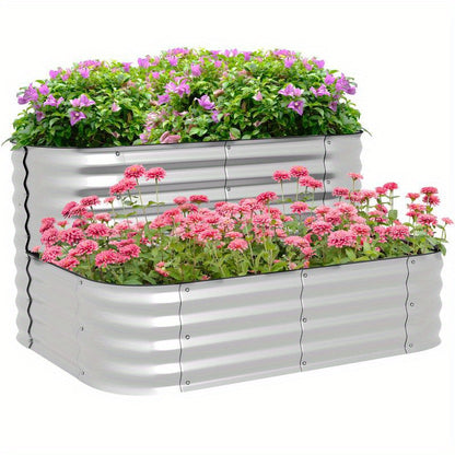 Verhoogde Plantenbak – Metalen Tuinbak – Grote Bloembak – Moestuinbak – Balkonbak – Gegalvaniseerd Staal – 2-Lagen Ontwerp – Roestbestendig & Weerbestendig – 120x90x30 cm – Golvende Zijkanten & Drainagesysteem