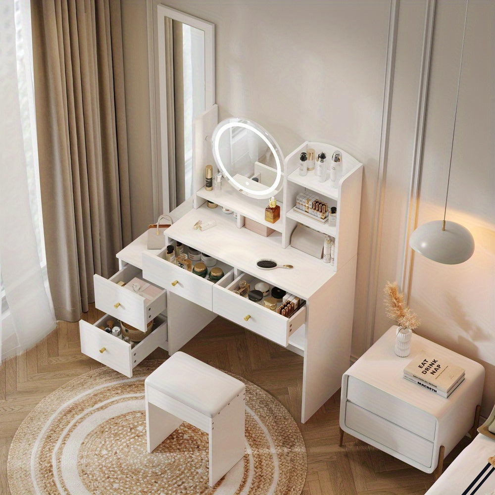Kaptafel – Make-uptafel – Schminktisch – Dressing Table – Witte 4-in-1 Kaptafel met Spiegel en Kruk – Grote Spiegel en Ruime Opberglades – Compact en Stijlvol Design