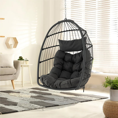 Hangstoel – Hangstoel met Kussen – Hangmatstoel – Schommelstoel – Zitzak – Inklapbaar – PE Rattan – Inclusief Ophangsysteem – Max. 150 kg – Grijs
