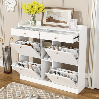 Schoenenkast – Schoenenrek – Schoenenopberger – Schoenenbank – Kast – Wit – 4 Draaideuren & 2 Lades – 110x26x100 cm – Ruime Opbergruimte – Gouden Handgrepen