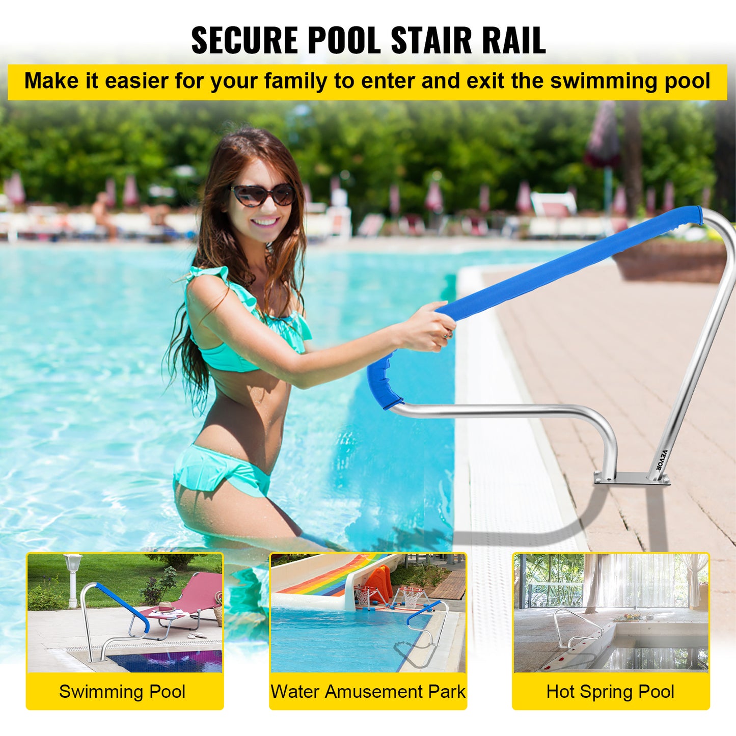 Poolleuning – Zwembadleuning – Zwembadbeugel – Zwembadhandgreep – Veiligheidshandgreep – 121,9x91,5 cm – Roestvrij Staal & Comfortabele Nylon Grip