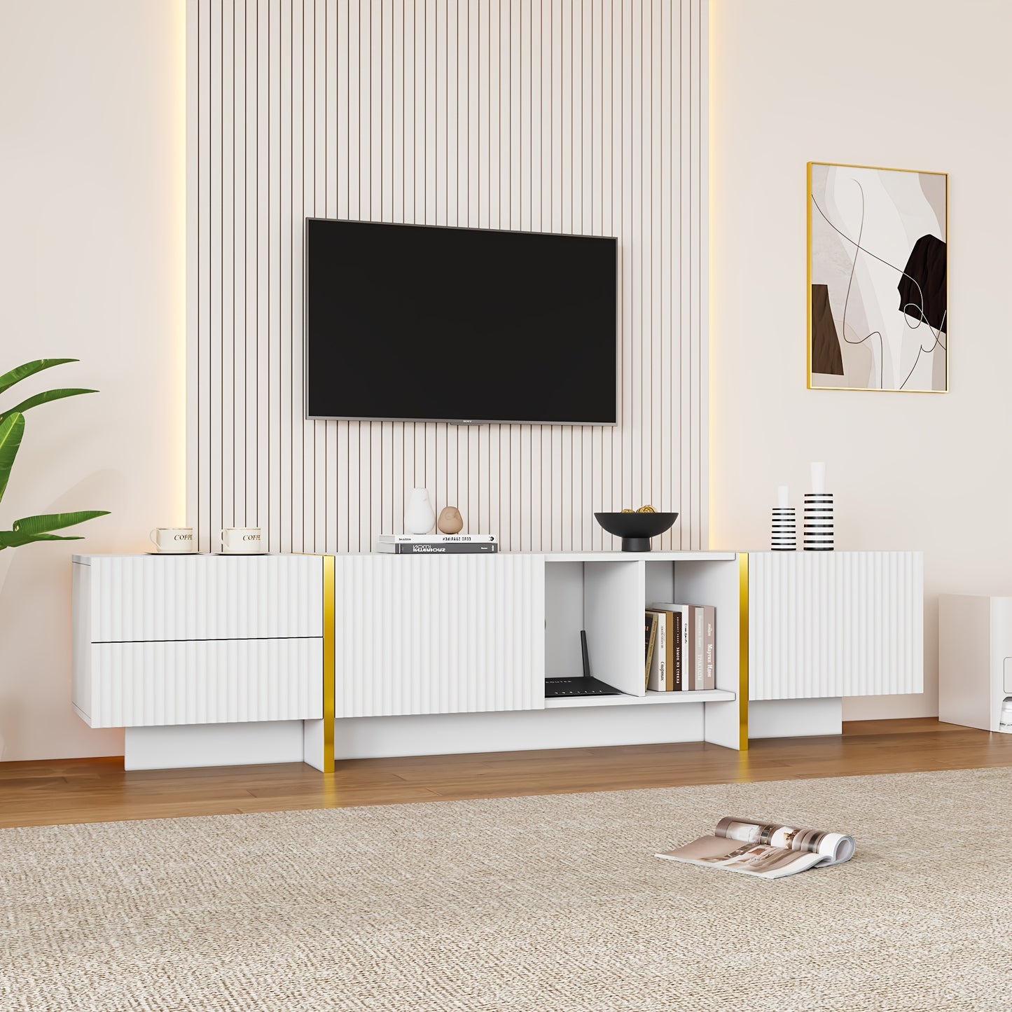 TV-Meubel – Tv Kast – Mediameubel – Entertainmentmeubel – Tv Console – Modern Wit Met Gele Accenten – Geschikt Voor Tv’s Tot 80 Inch – Ruime Opbergruimte 190x35x45,5 cm