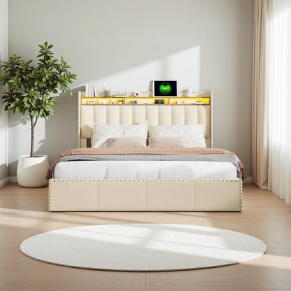 Bedombouw – Bedframe – Ledikant – Gestoffeerd Bed – Opbergbed – Tweepersoonsbed – Velvet Beige – 140x200 cm – Met USB Oplaadpoort en LED Verlichting