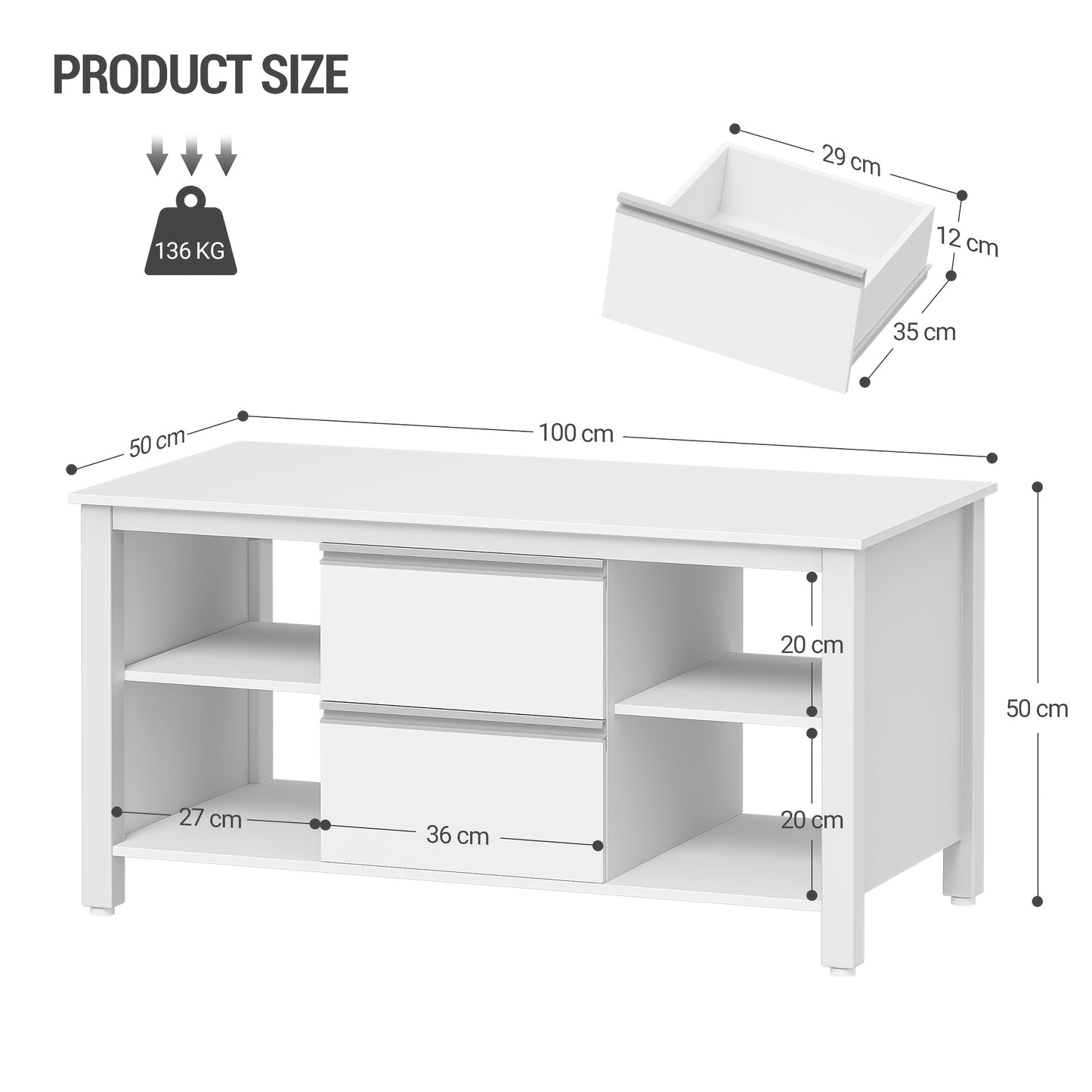 Salontafel – Woonkamertafel – Bijzettafel – Sofa Tafel – Tafel Met Lades – Wit Mat – 100x50x50 cm – Stalen Poten – 2 Lades + 4 Open Vakken