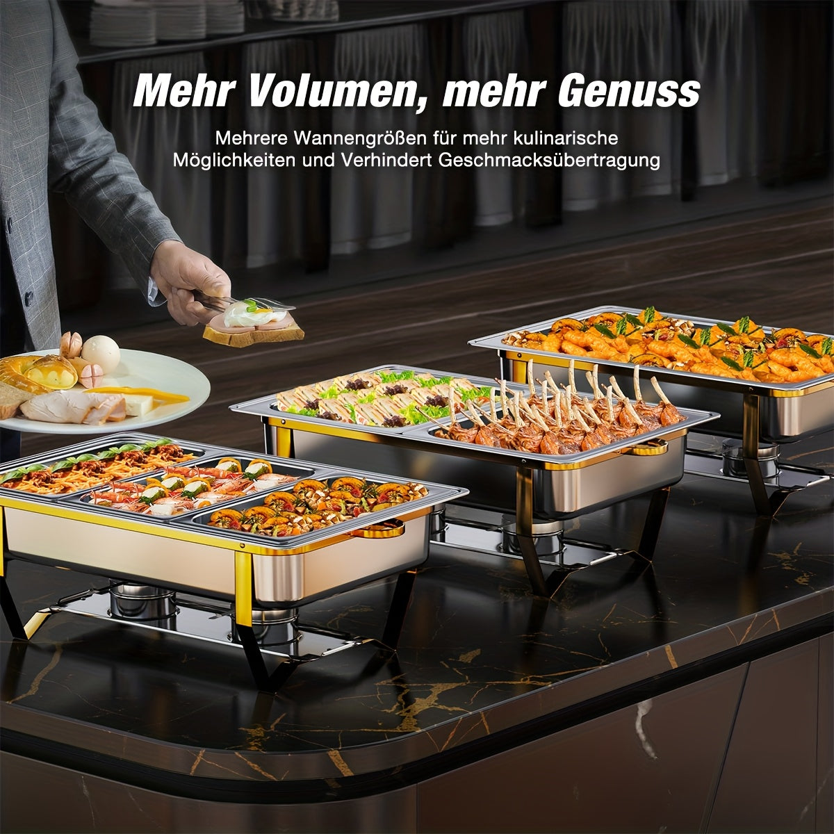 Buffetwarmer – Chafing Dish – Warmhoudbak – Voedselwarmer – Cateringpan – RVS Goudkleurig – Inklapbaar Frame – Voedselveilig 9L Set (2 stuks)