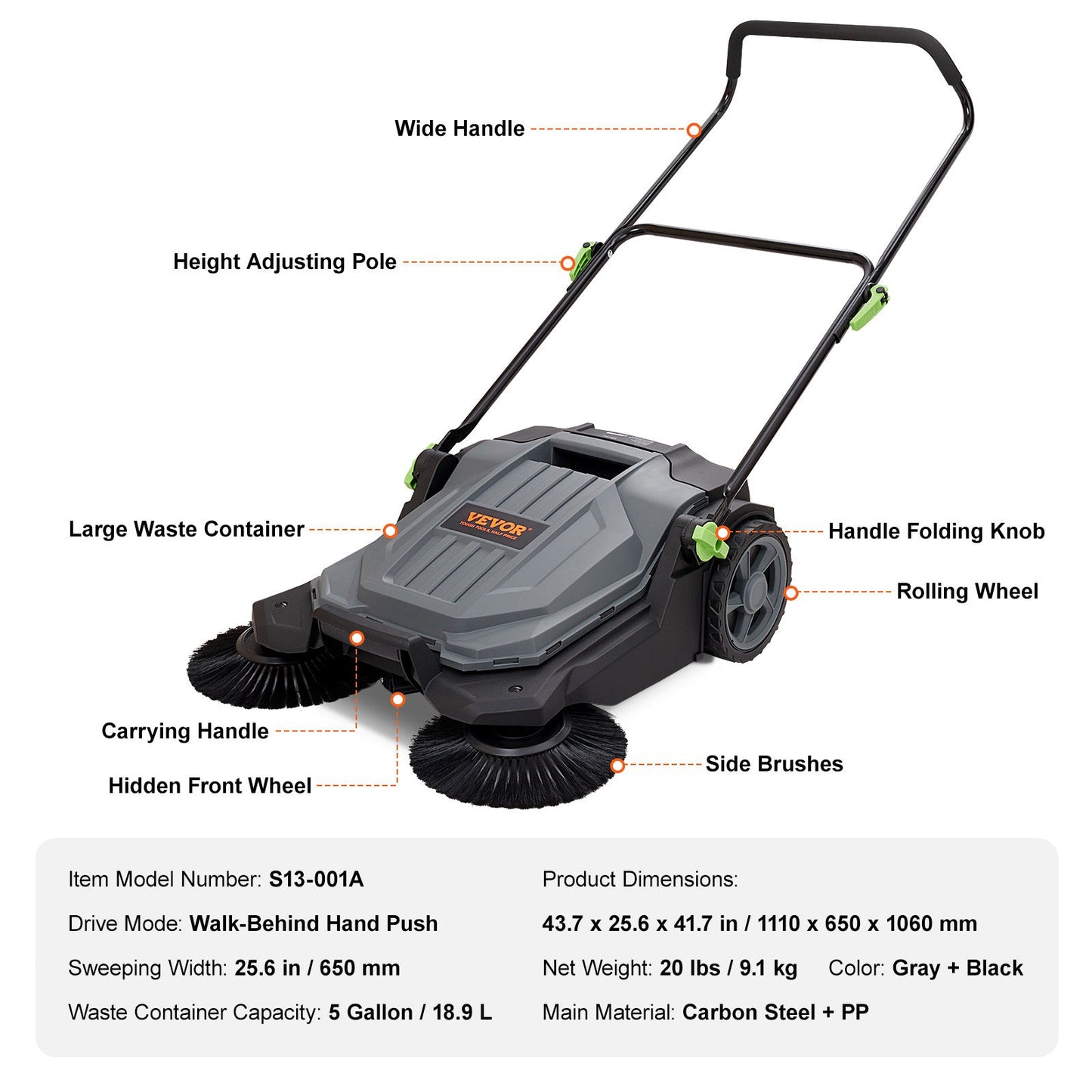 Veegmachine – Handveger – Veegwagen – Tuinruimer – Bladveger – Koolstofstaal & ABS – 65 cm Veegbreedte – 19 Liter Opvangbak