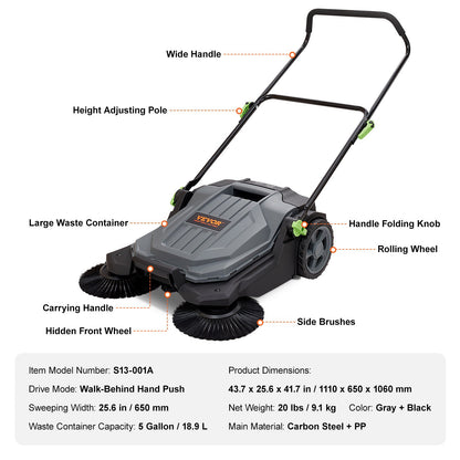 Veegmachine – Handveger – Veegwagen – Tuinruimer – Bladveger – Koolstofstaal & ABS – 65 cm Veegbreedte – 19 Liter Opvangbak