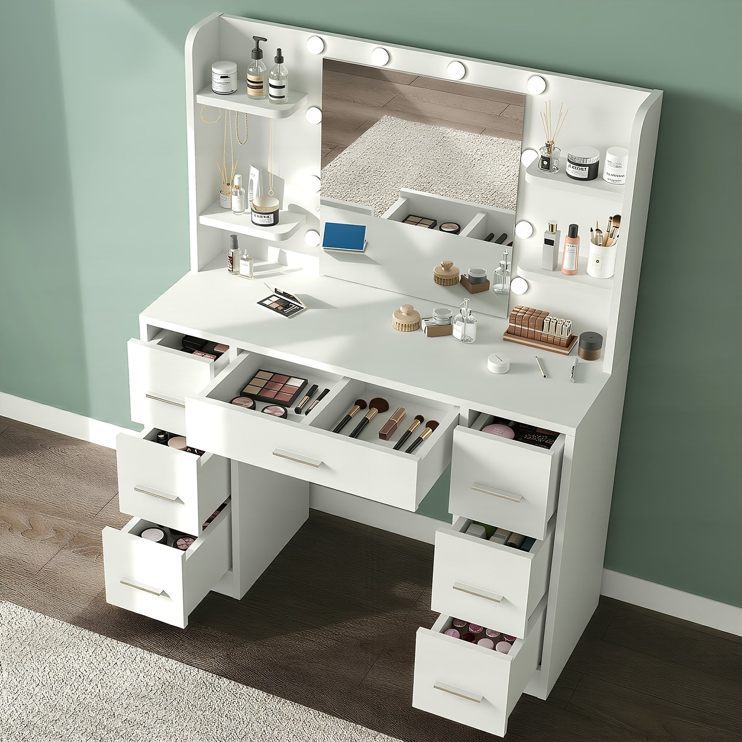 Make-up Tafel – Kaptafel – Schminktisch – Visagie Tafel – Vanity Desk – LED-Verlichting Met 10 Lampjes – Verstelbare Lichtintensiteit – Ruime Opbergruimte – Wit