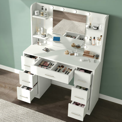 Make-up Tafel – Kaptafel – Schminktisch – Visagie Tafel – Vanity Desk – LED-Verlichting Met 10 Lampjes – Verstelbare Lichtintensiteit – Ruime Opbergruimte – Wit