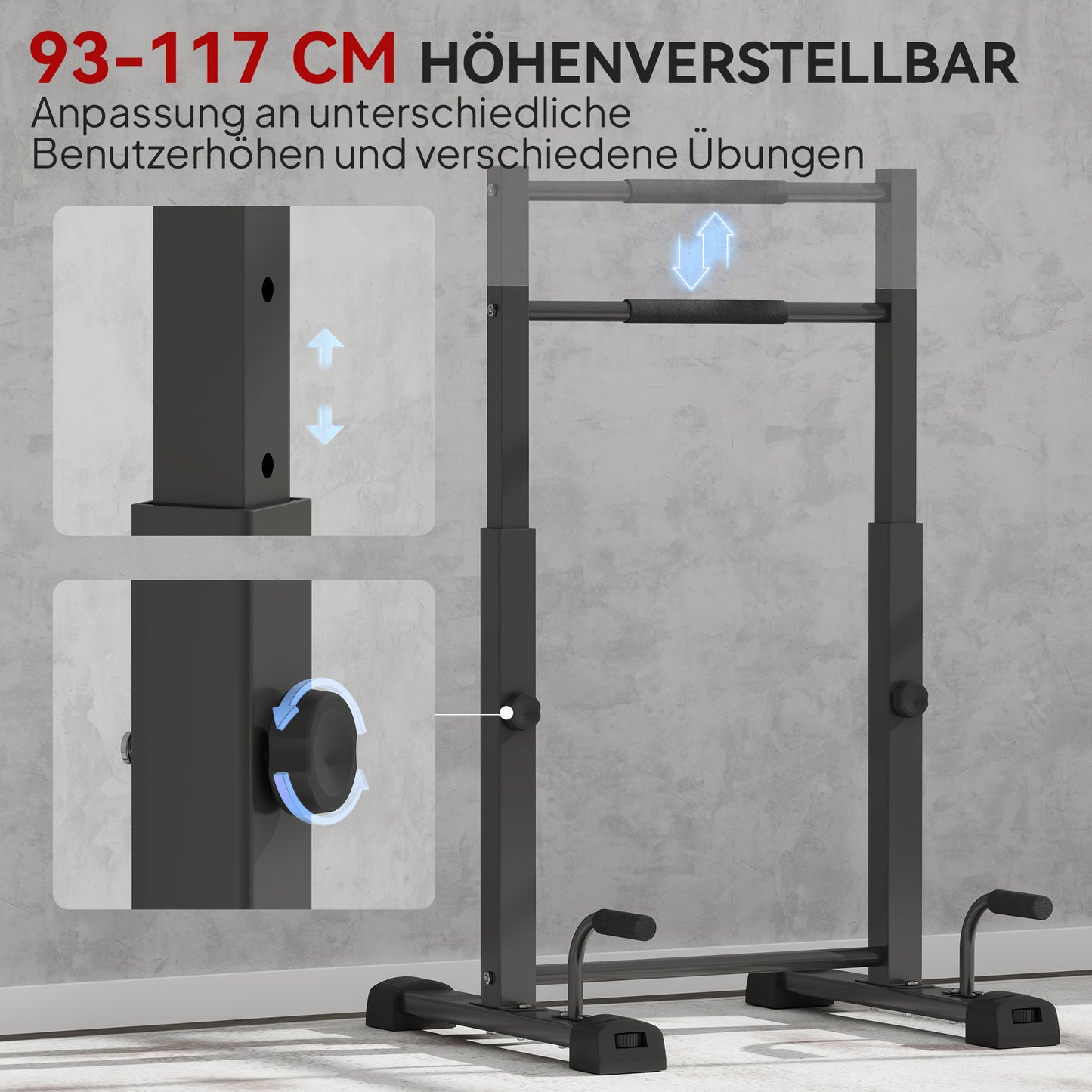 Dipbar – Opdruksteunen – Parallettes – Dip Station – Fitness Bar – Verstelbaar 93-117 cm – Max Belastbaarheid 540 kg