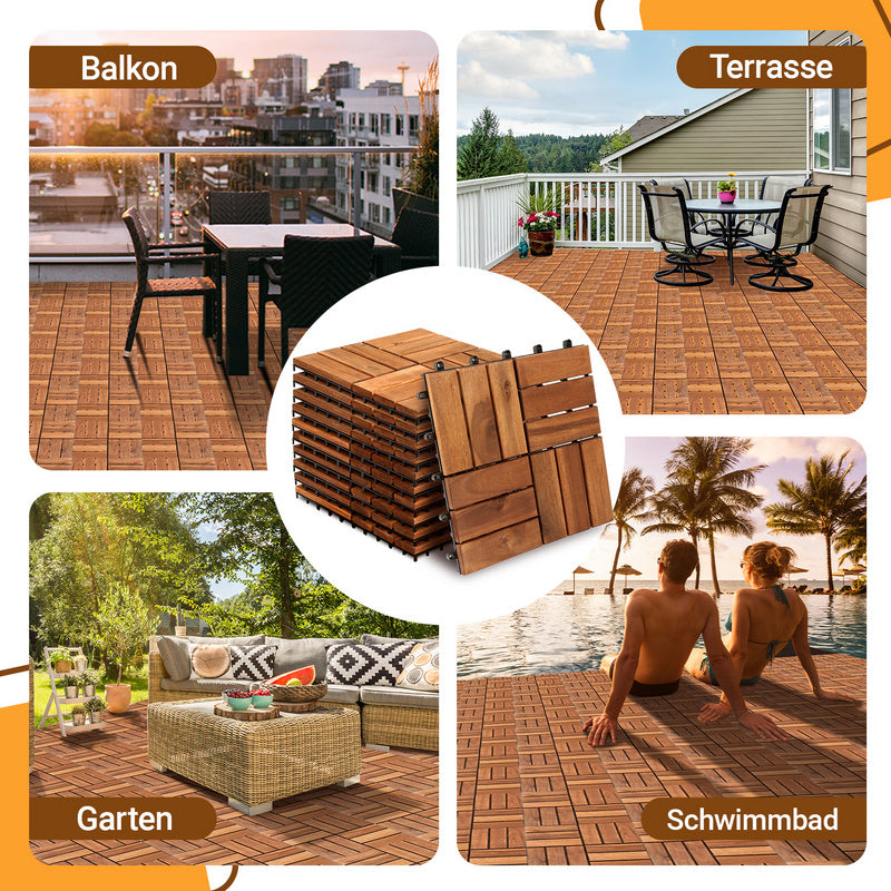 Terrace Tiles Decking Tiles 30 x 30 cm Tiles Balcony Tiles, Brown for Balcony, Garden, Saunas, Swimming Pools Wooden Floor with 6 Slats/12 Slats, Set of 11/22/33 Tiles for 1 m²/2 m²/3 m²