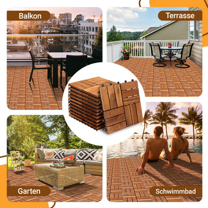 Terrace Tiles Decking Tiles 30 x 30 cm Tiles Balcony Tiles, Brown for Balcony, Garden, Saunas, Swimming Pools Wooden Floor with 6 Slats/12 Slats, Set of 11/22/33 Tiles for 1 m²/2 m²/3 m²