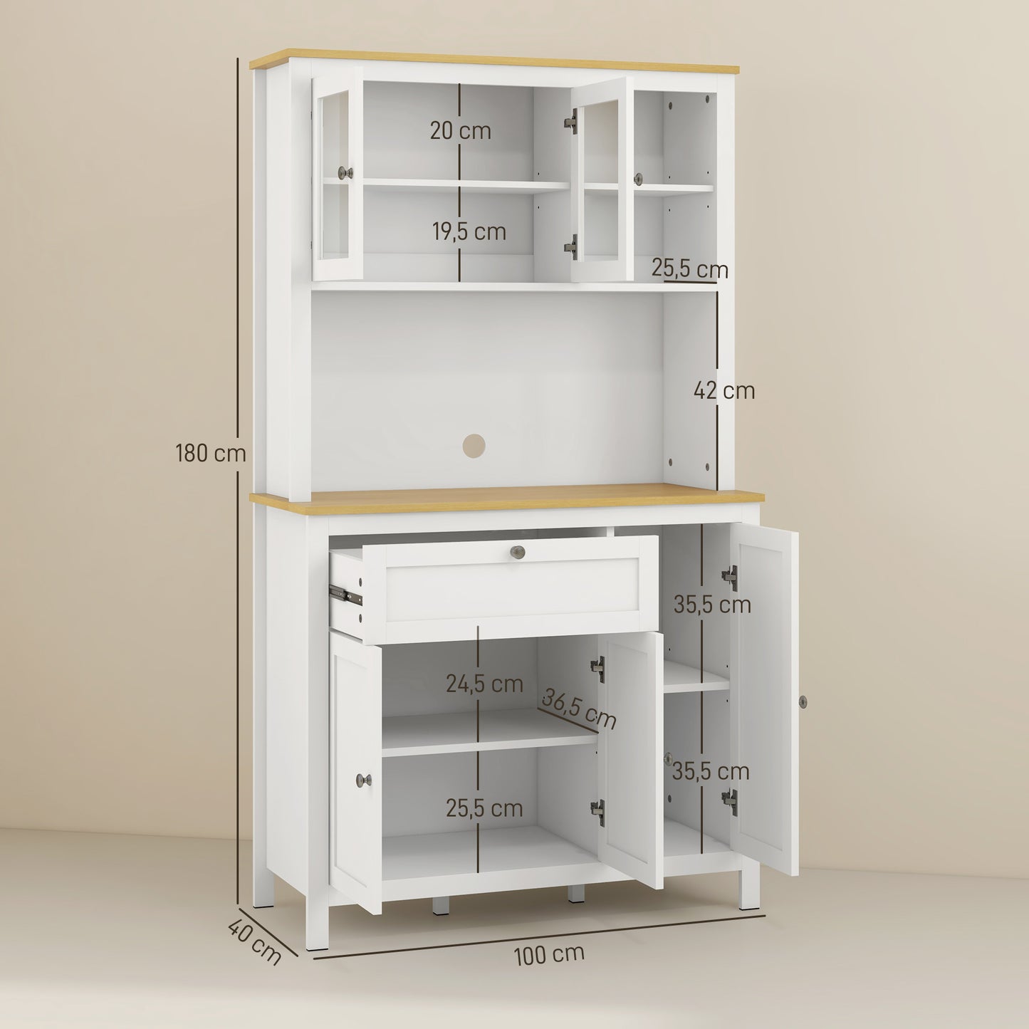 Keukenkast – Keukenbuffet – Vitrinekast – Opbergkast – Hoge Kast – 5 Deuren Inclusief 2 Glazen Deuren – Met Lade En Kabeldoorvoer – 180 cm Hoog – Witte MDF Afwerking