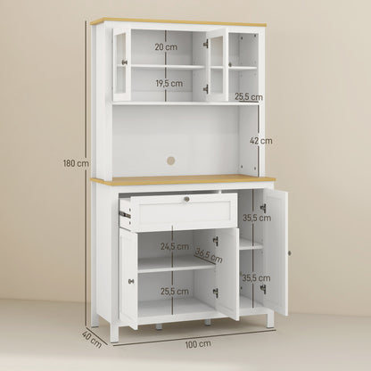 Keukenkast – Keukenbuffet – Vitrinekast – Opbergkast – Hoge Kast – 5 Deuren Inclusief 2 Glazen Deuren – Met Lade En Kabeldoorvoer – 180 cm Hoog – Witte MDF Afwerking