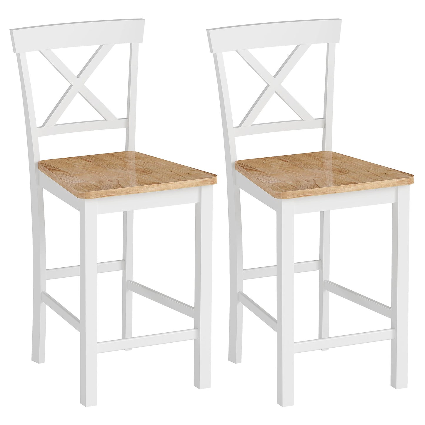 Barstoel – Barkruk – Keukenkruk – Barstoel met Rugleuning – Set van 2 – Rubberwood – Natuurlijk Eiken en Wit – Ergonomisch Design – Zithoogte 60 cm