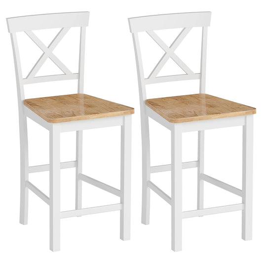 Barstoel – Barkruk – Keukenkruk – Barstoel met Rugleuning – Set van 2 – Rubberwood – Natuurlijk Eiken en Wit – Ergonomisch Design – Zithoogte 60 cm
