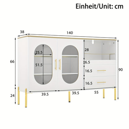 Wit Dressoirkastje – Opbergkast – Kastje – Bureaukast – Dressoir – 2 Lades & 2 Glazen Deurtjes – 3,2+ Kubieke Voet Opbergruimte – 68,5 cm Hoog – Vrijstaand – Gouden Accenten