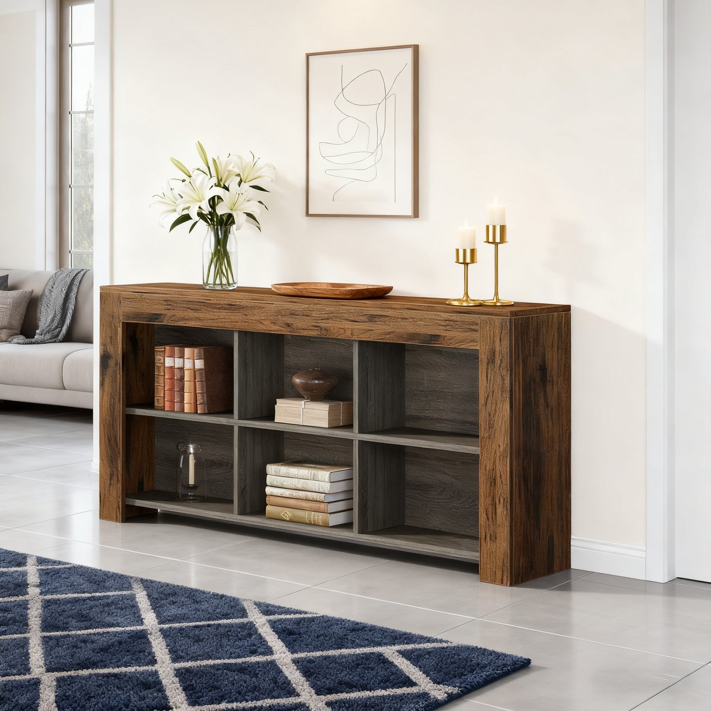 Console tafel – sidetable – haltafel – dressoir – opbergkast – Bruin en zwart – 160 cm lang – 6 open opbergvakken – massief hardhout en geperst hout – smal ontwerp