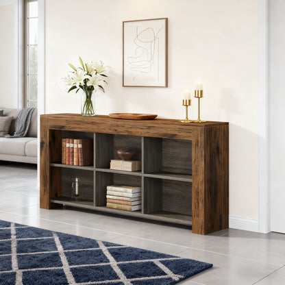 Console tafel – sidetable – haltafel – dressoir – opbergkast – Bruin en zwart – 160 cm lang – 6 open opbergvakken – massief hardhout en geperst hout – smal ontwerp