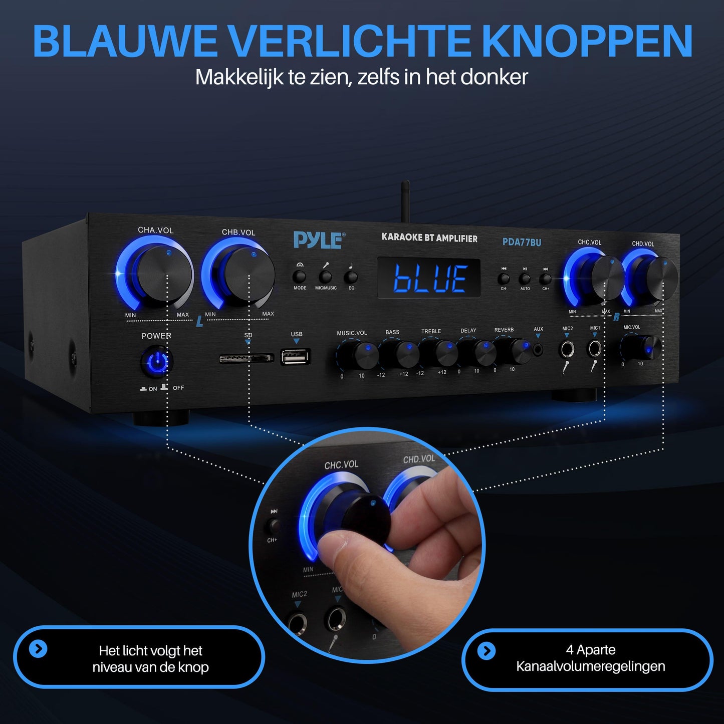 4-Kanaals Audioversterker – Versterker – Receiver – Audio Amplifier – Bluetooth Versterker – 800W Vermogen – Draadloze Bluetooth 5.0 & 2 Microfooningangen met Reverb en Delay