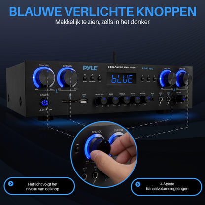 4-Kanaals Audioversterker – Versterker – Receiver – Audio Amplifier – Bluetooth Versterker – 800W Vermogen – Draadloze Bluetooth 5.0 & 2 Microfooningangen met Reverb en Delay