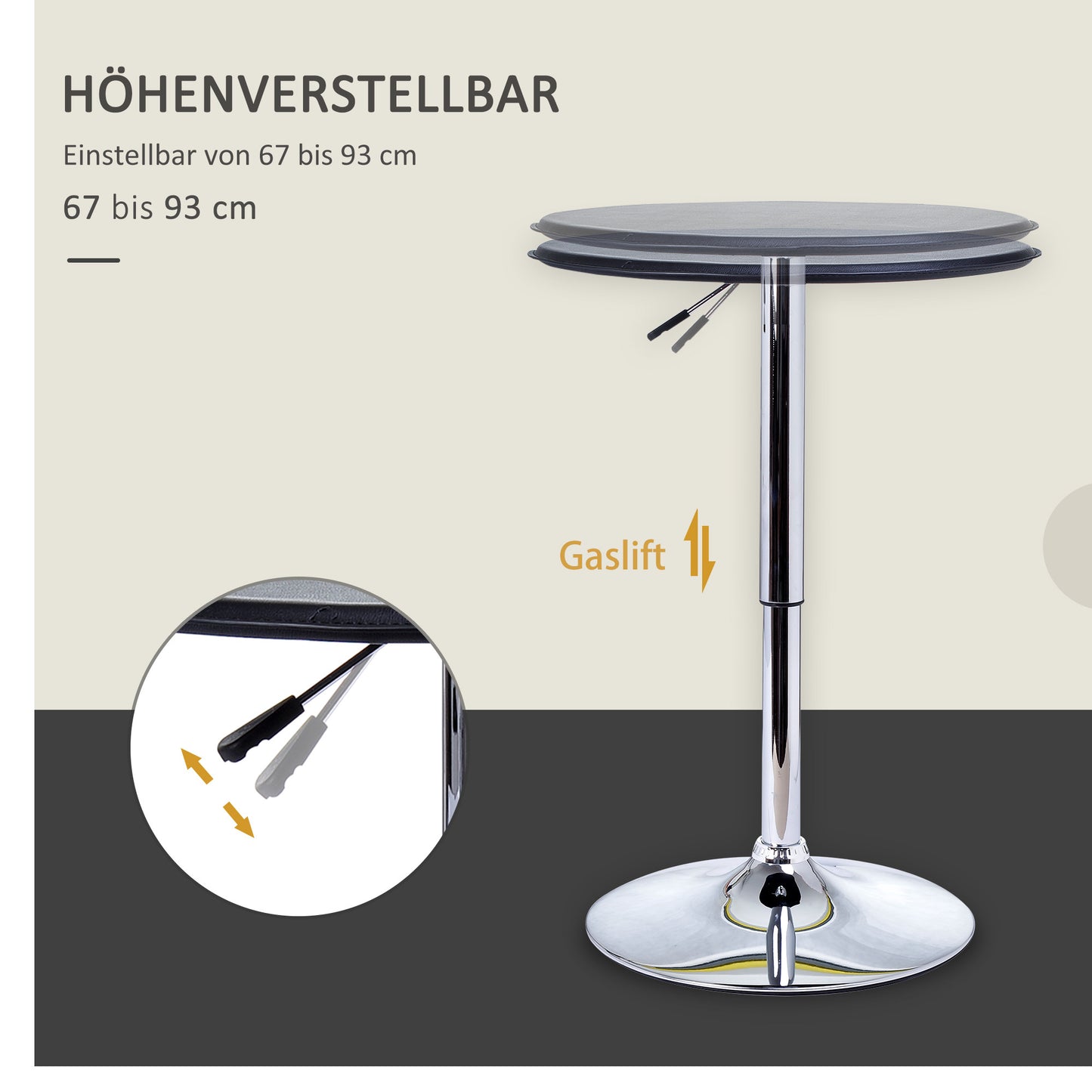 Bartafel – Bar Tafel – Statafel – Hoge Tafel – Bistrotafel – Verstelbare Hoogte – Zwart Kunstleer & Zilver Frame