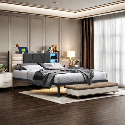 Tweepersoonsbed – Bedframe – Led Bed – Bed Met Opbergruimte – Met USB Poort – 160x200 Cm – Metaal En Hout – Met Ladeopslag