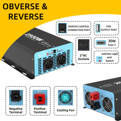 2500W Power Inverter – Spanningsomzetter – Omvormer – Stroomomzetter – 12V Naar 230V Converter – Pure Sinusgolf – Dubbele Europese Stopcontacten – Overbelasting en Kortsluitbeveiliging – Aluminium Behuizing en Hoge Efficiëntie