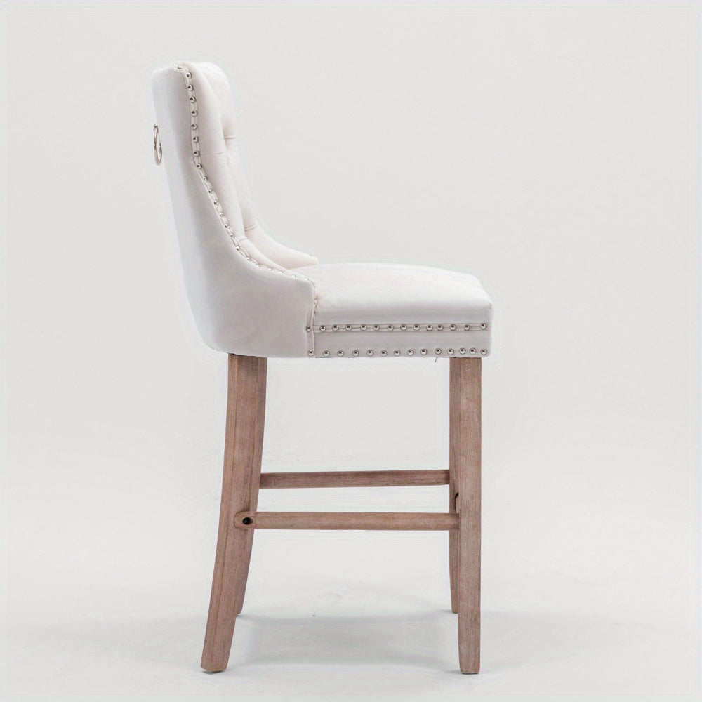 Barstoel – Barkruk – Barstoel Kussen – Barkrukken Set – Barstoel Counterhoogte – Velvet Bekleding – Foamgevulde Zitting – Wingback Design – Stevige Rubberhouten Poten – Franse Stijl – Set Van 2 – Beige