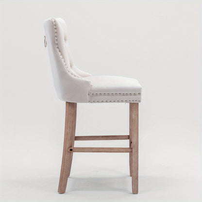 Barstoel – Barkruk – Barstoel Kussen – Barkrukken Set – Barstoel Counterhoogte – Velvet Bekleding – Foamgevulde Zitting – Wingback Design – Stevige Rubberhouten Poten – Franse Stijl – Set Van 2 – Beige