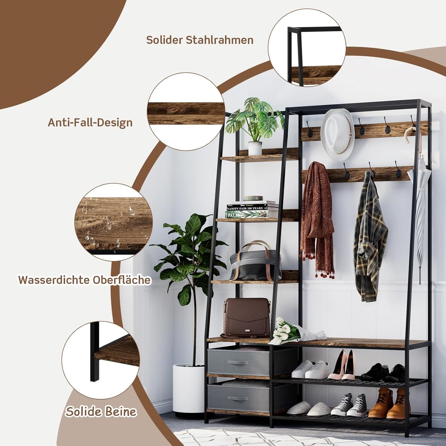 Kapstok – Garderobekast – Garderoberek – Staande Kapstok – Opbergkast – Industriële Garderobe – 9 Dubbele Haken – Zitbankje Met Opbergruimte – 122x40x180 cm – Metaal en Hout
